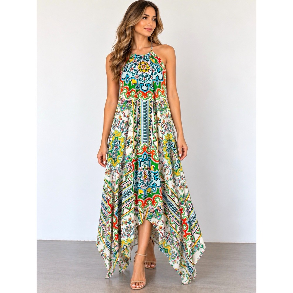 Anthropologie Ella Halter Tunic Maxi Dress M/L Multicolor Boho